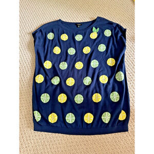 TALBOTS Women’s Sweater Vest size XP Blue With Citrus Slice embroidered Novelty